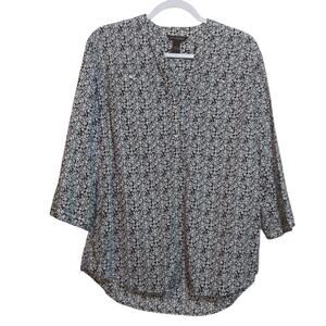 Bit & Brindle Floral Black and White Cotton Western Casual 3/4 Sleeve Top Sz L